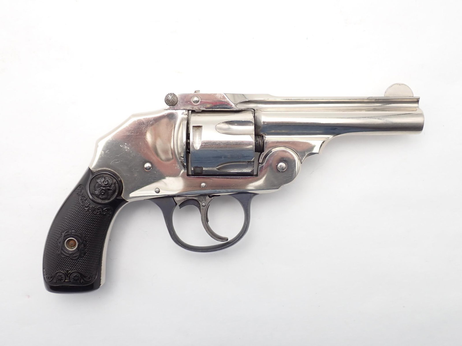 Iver Johnson Hammerless Revolver: SN: 22272 Cal: .38 S&W Action Type: Double Action Barrel Length: 3.25" Sights/Optics: Original Sights Stock: Original black plastic grips Finish: Nickel Finish Cond: Original Bore: Good Overall