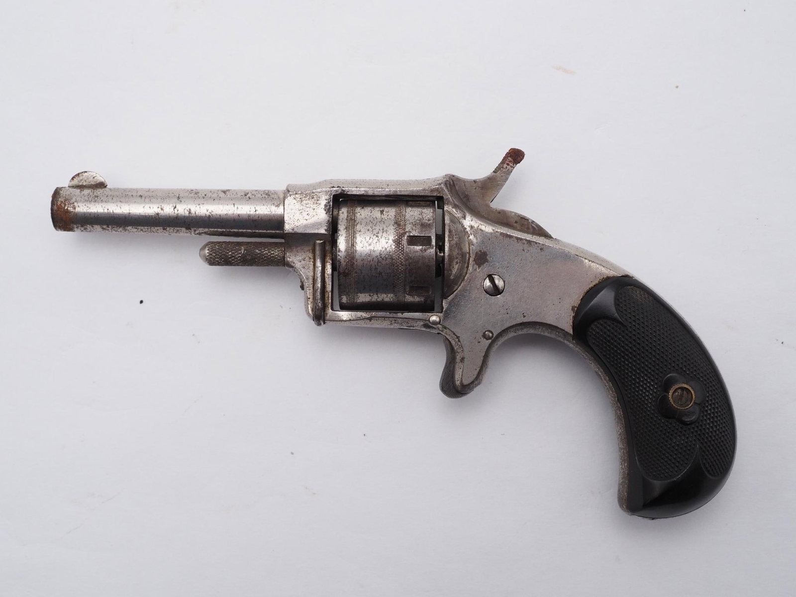 Ranger Revolver: SN: 6387 Cal: .22 LR Action Type: Single Action Barrel Length: 2.5" Sights/Optics: Original sights Stock: Original black grips Finish: Nickel Finish Cond: Wearing in places Bore: Poor Overall Cond: