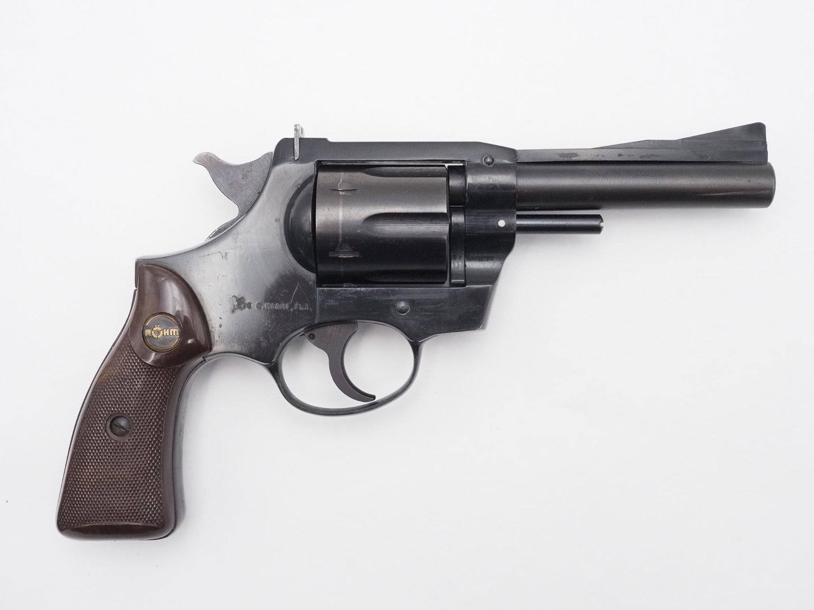 Rohm Model 38S Revolver: SN: 202920 Cal: .38 SP Action Type: Double Action Barrel Length: 4" Sights/Optics: Factory sights Stock: Plastic grips Finish: Blued Finish Cond: Original, good condition Bore: Very Good Overall