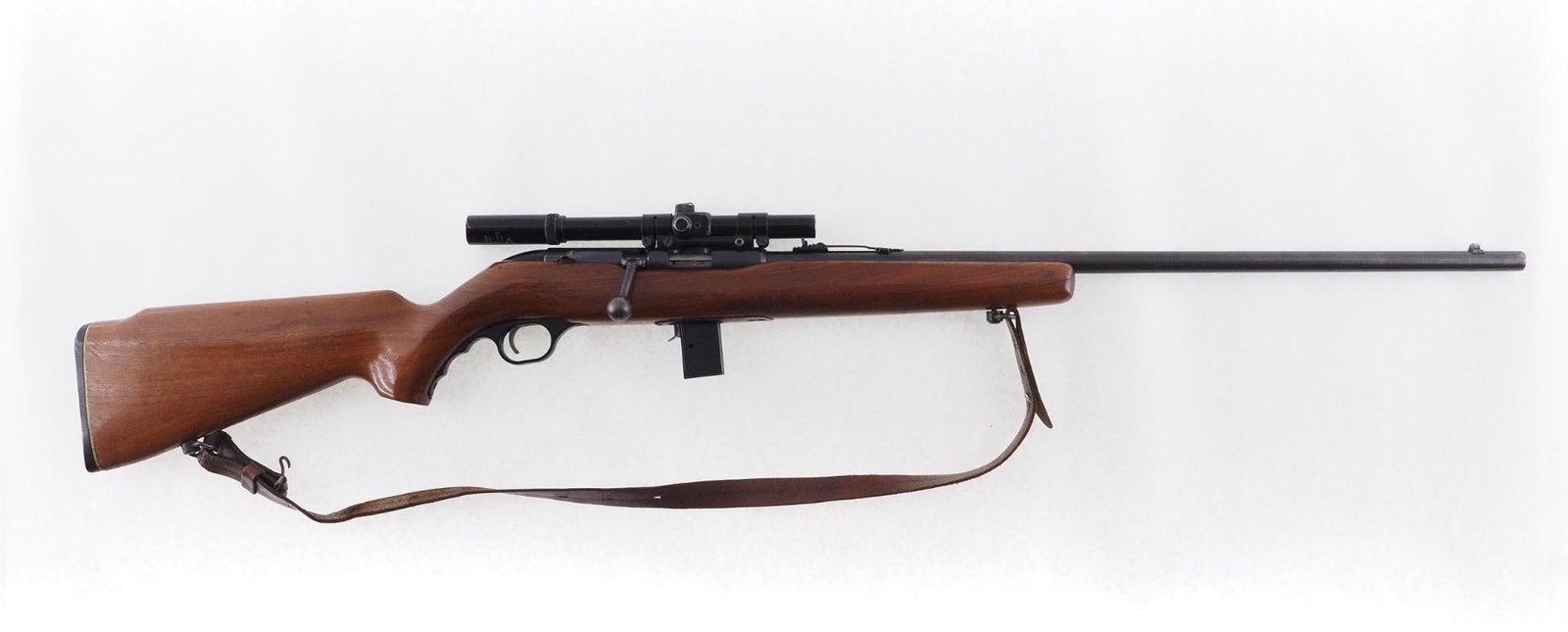 Mossberg 340 KA Rifle: SN: None Cal: .22 S,L or LR Action Type: Bolt Action Barrel Length: 24" Sights/Optics: Original open sights with a Scope 4X 15 scope added Stock: Wood with a small crack at end of forearm
