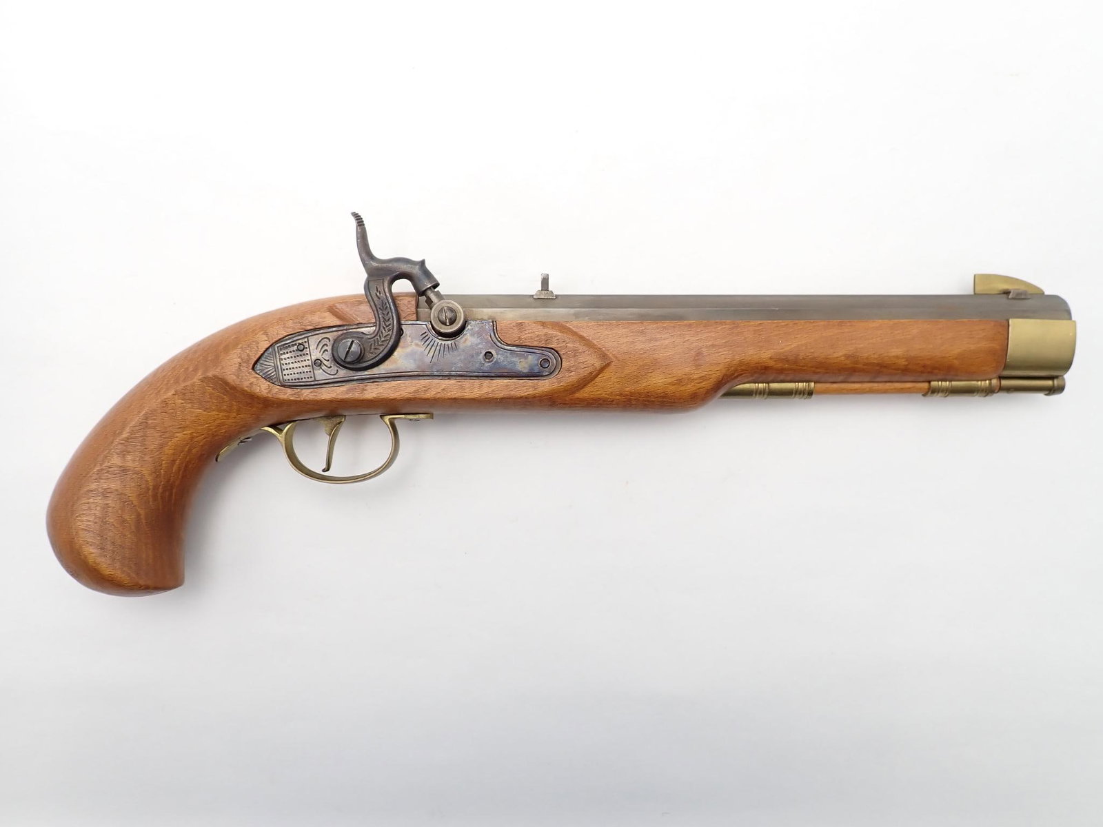 Connecticut Valley Arms Kentucky Pistol: SN: 554987 Cal: .45 Cal Action Type: Percussion Barrel Length: 9.5" Sights/Optics: Original Sights Stock: Original wood stock Finish: Steel Barrel with Case Hardened Lock,Brass trigger guard and