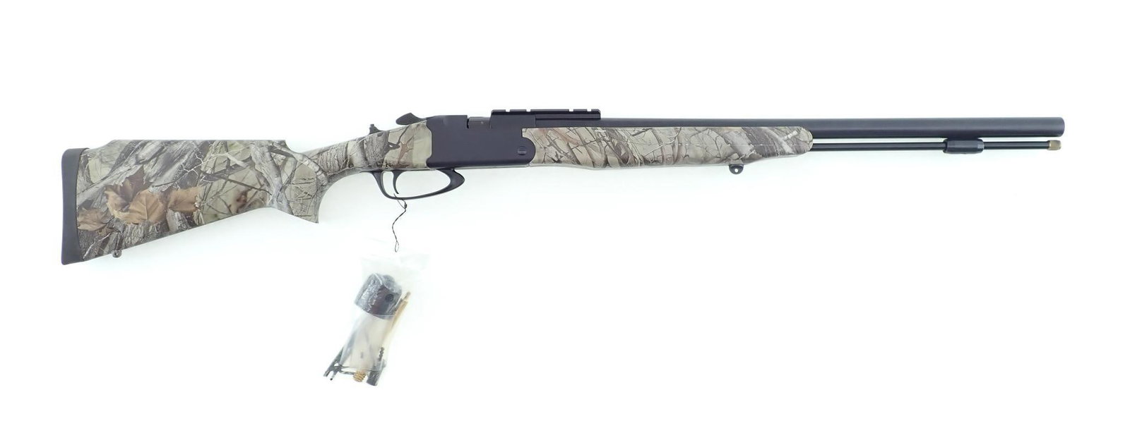 Thompson Center Strike Rifle: SN: R6527 Cal: .50 cal. Action Type: Percussion Barrel Length: 24" Sights/Optics: Picatinny style scope base Stock: Camouflage synthetic Finish: Blued Finish Cond: Original Bore: Good Overall Cond: