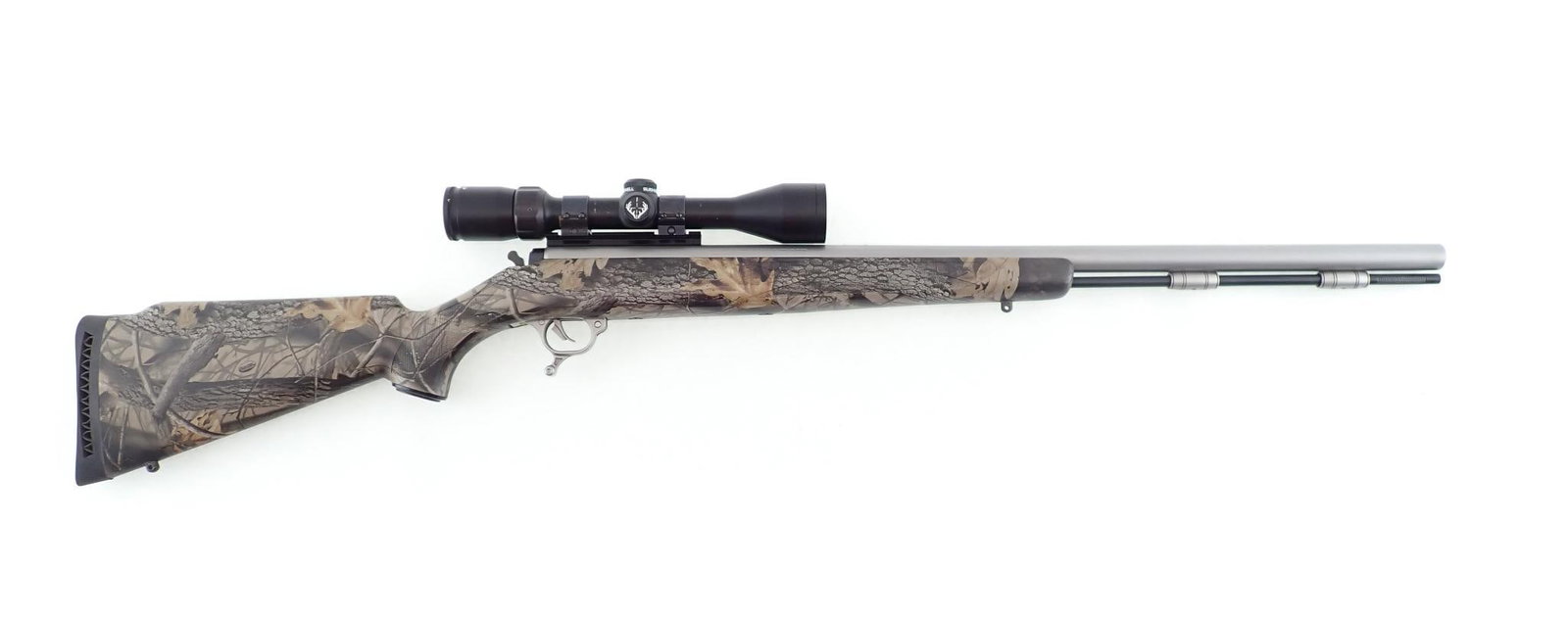 Thompson Center Omega Rifle: SN: S86292 Cal: .50 cal. Action Type: Percussion Barrel Length: 28" Sights/Optics: No sights Stock: Camouflage synthetic Finish: Stainless Finish Cond: Original Bore: Good Overall Cond: Very good