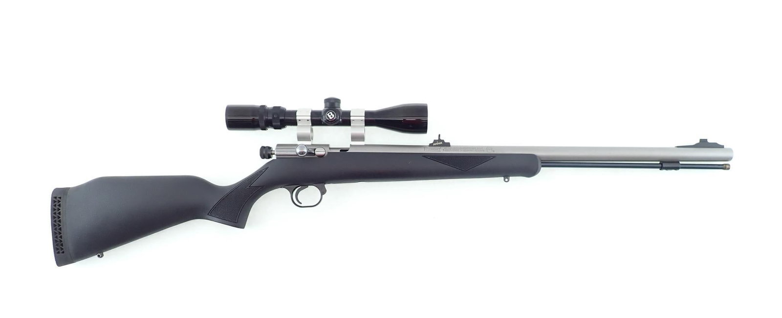 Knight T-Bolt Rifle: SN: S002668 Cal: .50 cal. Action Type: Percussion Barrel Length: 23" Sights/Optics: Original factory open sights Stock: Black synthetic Finish: Stainless Finish Cond: Original Bore: Very good Overall