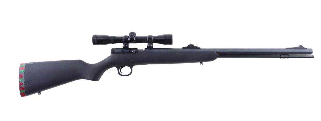 Buck Country Arms Inline Rifle: SN: B012853 Cal: .50 Cal Action Type: Inline Muzzleloader Barrel Length: 23" Sights/Optics: Factory rear sight, front sight post damaged, Tasco Golden Antler scope mounted Stock: Black syntheti