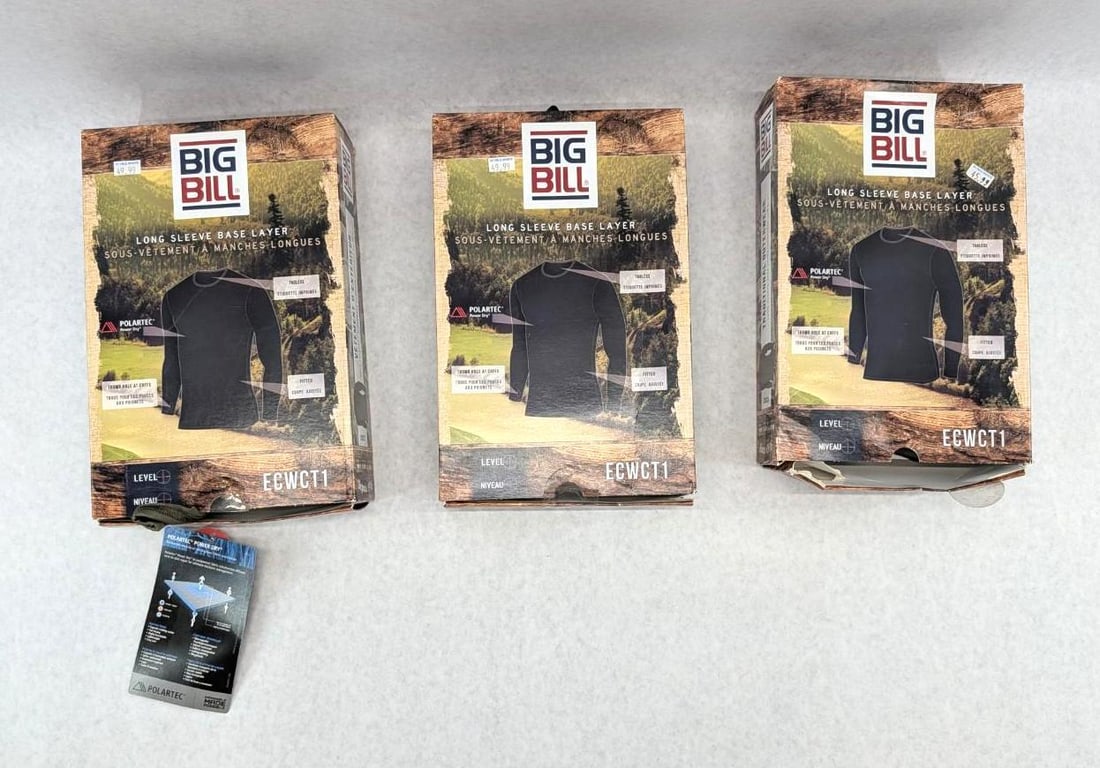 (3) Big Bill Long Sleeve Base Layer: size regular medium and regular large