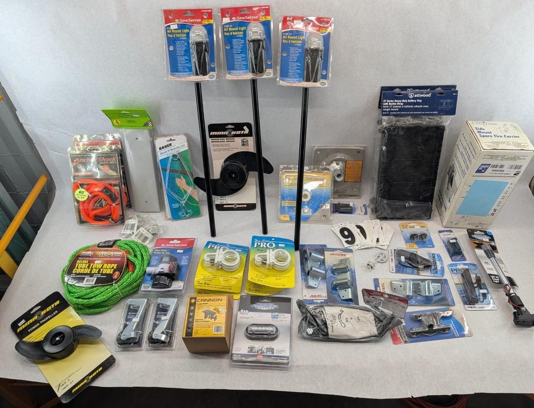 Asst. Boating Items: including mooring shock kits, battery trays, tow line, seat bases, misc lighting, rod holders, oar mounts, etc