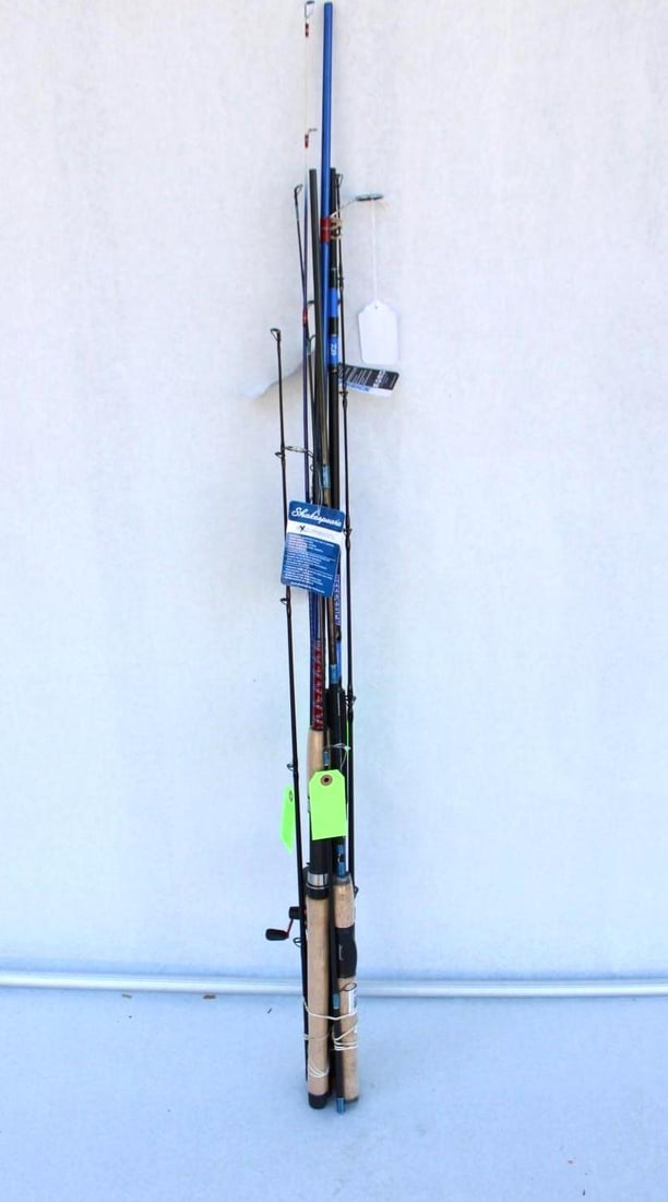 (4) Asst. 2-Piece Fishing Poles: Whuppin' Stick WSSM80-2 8', Daiwa Beef Stick 702MS 7', Shakespeare EXS702MB 7', D Turbo DTSC80F602M with baitcasting reel