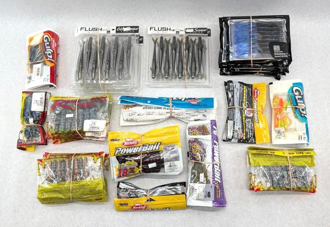 (45+/-) Packages of Asst. Rubber Bait: including (13) Fishing, Berkeley, Strikeking, 6th Sense, etc
