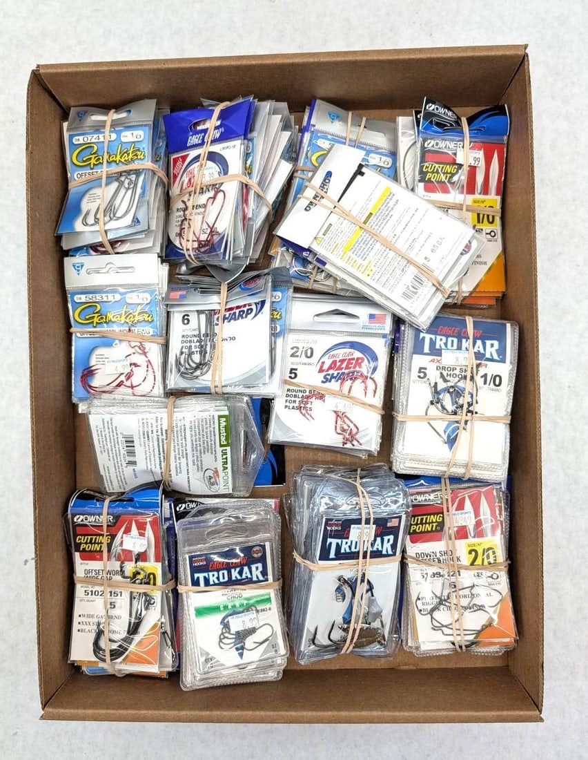 (107+/-) Packages of Asst. Fish Hooks: size 1-6, worm hook, offset, down shot, weighted, etc
