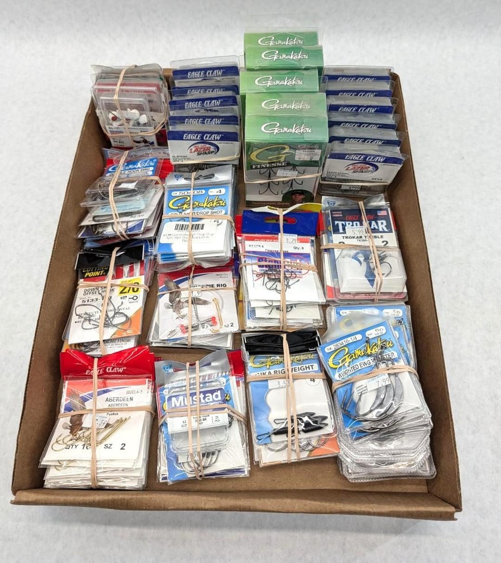 (110+/-) Packages of Asst. Fish Hooks, Springs, & Jigs: sizes 2-6, treble, offset downshot, weighted, crappie rig, etc, brands including Gamakatsu, Eagle Claw, etc