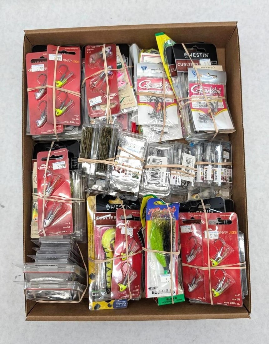 (67+/-) Packages of Asst. Jigs & Parts: includes weights, hooks, bodies, etc, brands include Westin, Mepps, Gamakatsu, Berkeley, etc