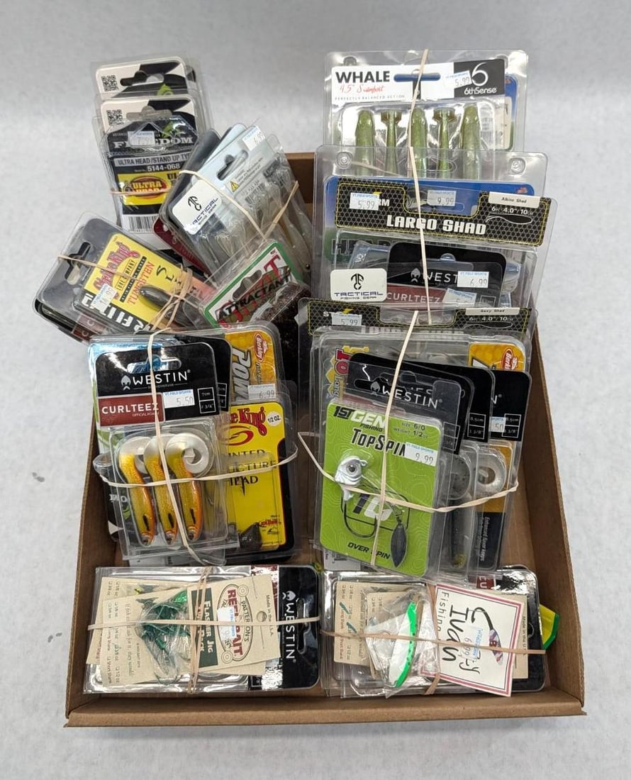 (50+/-) Packages of Asst. Jigs, Lures & Parts: includes hooks, heads, bodies, lures, etc, brands include Westin, Strikeking, Patterson's, Storm, etc