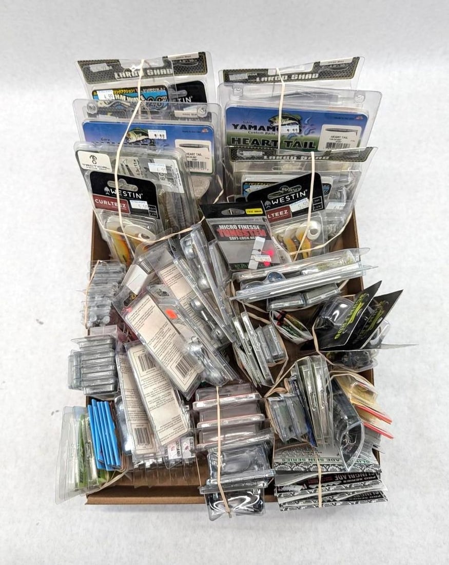 (90+/-) Packages of Asst. Jigs, Lures & Parts: including bodies, heads, weights, spins, frogs, snap jigs, etc, brands include Westin, Venom, Scum Frog, Lunkerhunt, etc
