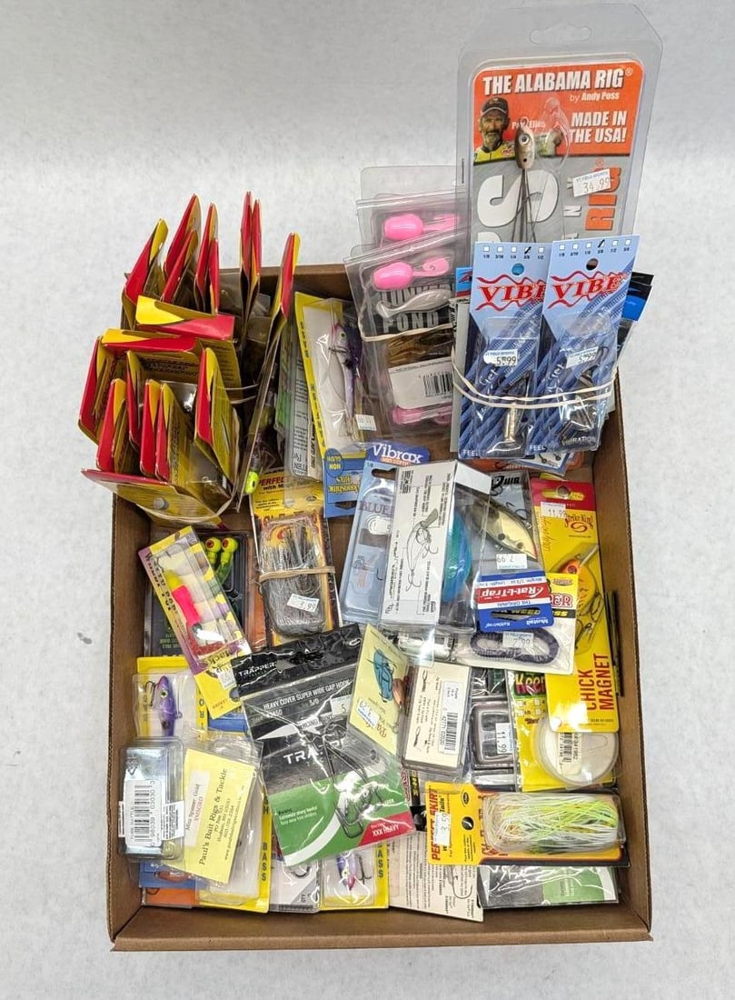 (65+/-) Packages of Asst. Jigs, Lures & Parts: including heads, weights, spins, jigs, etc, brands include Strikemaster, Johnson, Stopper, etc