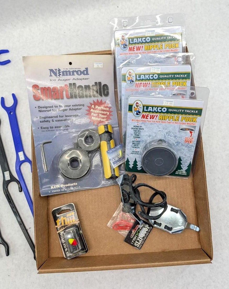 Ice Fishing Lot: including jig sticks, ice cleats, ripple pucks, ice auger handle, etc