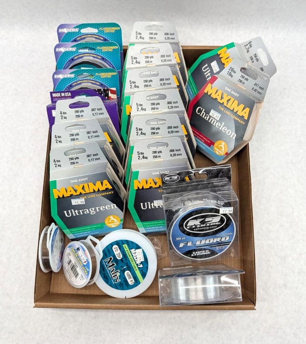 (18+/-) Asst. Spools of Fishing Line & Leader line: including Maxima, Stren, High Seas, etc