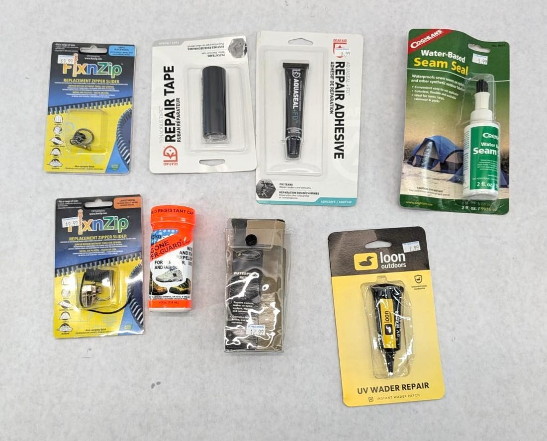 Asst. Clothing Repair Materials: including waterproof repair kit, zipper sliders, patches, etc