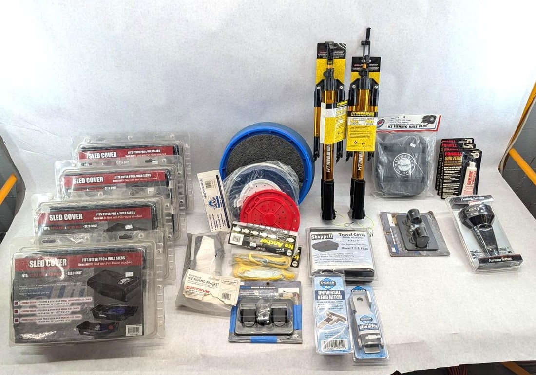 Large Ice Fishing Lot: include (2) auto hook sets, knee pads, bait bucket lids, aerator, (5) sled covers, universal rear hitches/adapters for sleds