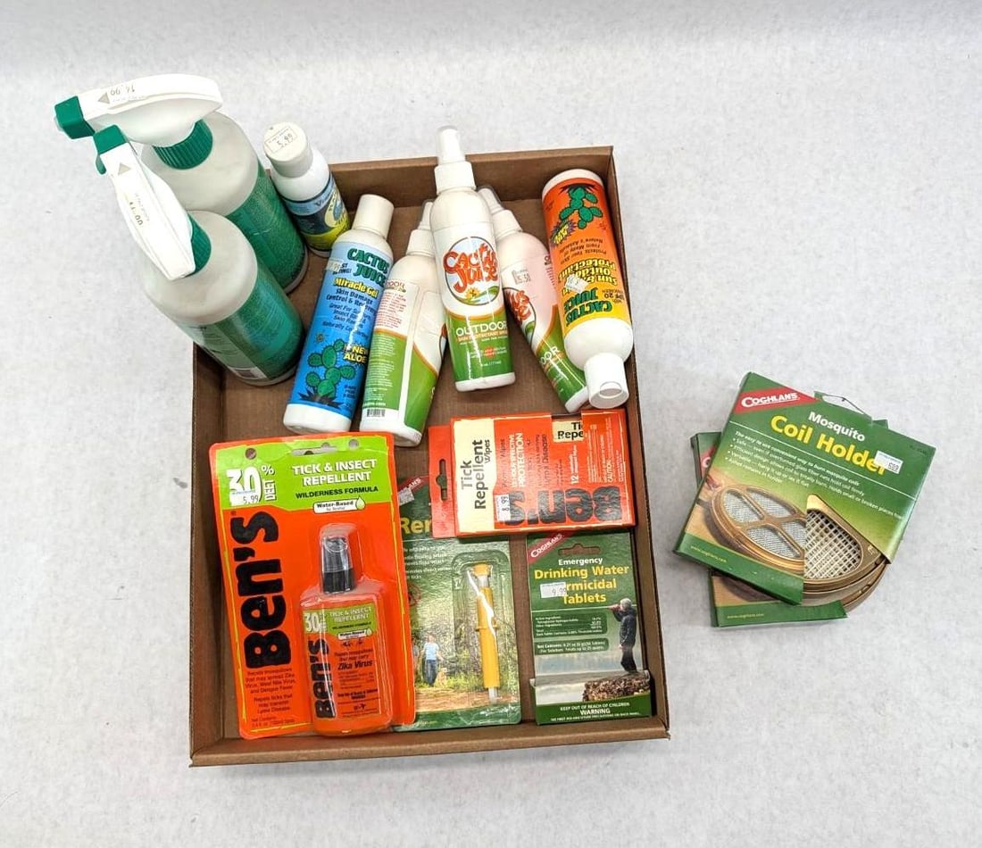 Asst. Bug Repellant,: Sunscreen, Gear Wash, Mosquito Coil Holders, & Tick Repellant