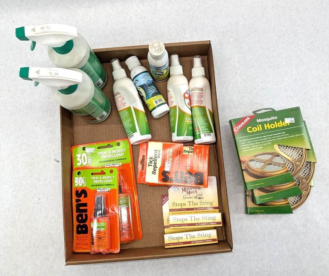 Asst. Bug Repellant,: Sunscreen, Gear Wash, Mosquito Coil Holders, & Tick Repellant