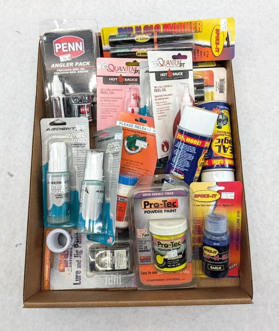 Lure Paint & Reel Oil Lot: includes TTI Blakemore "Real Magic", Penn angler pack, and Spike It Dip N Glo