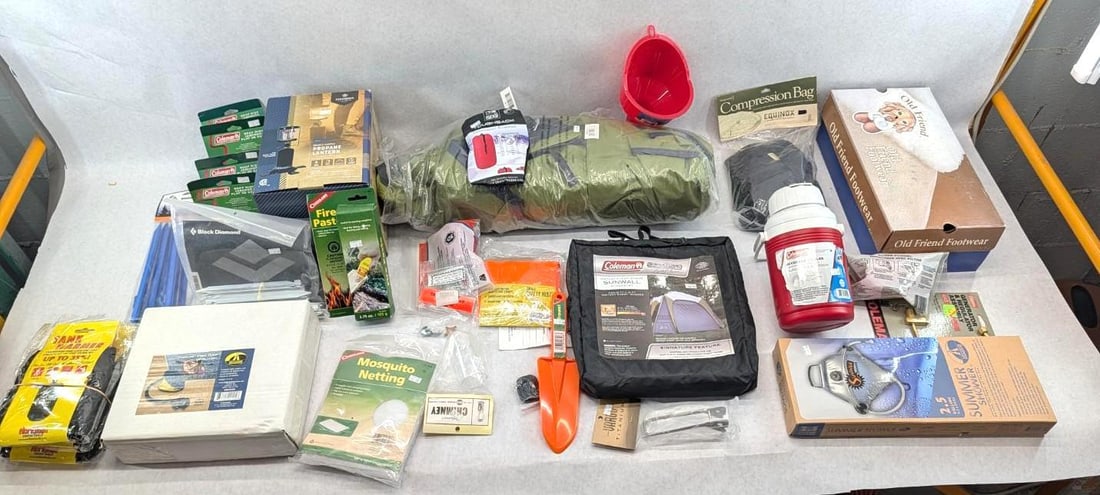 Camping Lot: including lantern, propane tank sleeves, fire paste, soap dishes tent fly, foot air pump, portable shower, etc.