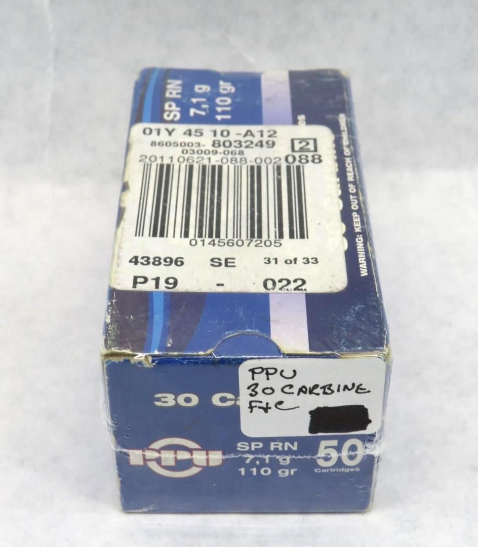 Box of PPU .30 Carbine: 110 gr. SP, 50 rounds