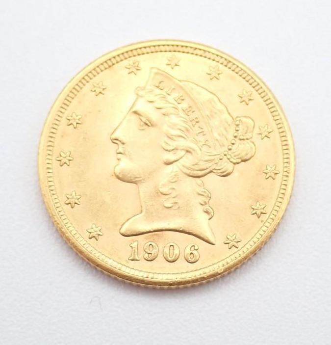 1906 U.S. Liberty Head Gold Half Eagle: $5.00