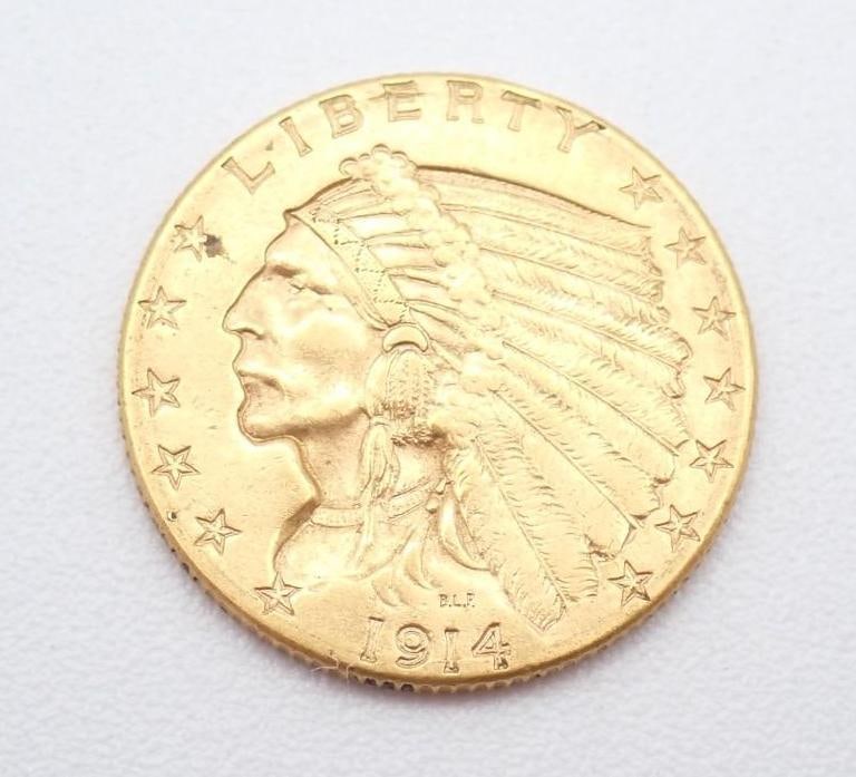 1914D U.S. Indian Head Gold Quarter Eagle: $2.50
