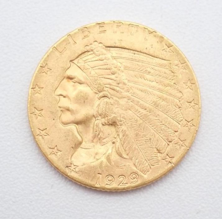 1929 U.S. Indian Head Gold Quarter Eagle: $2.50