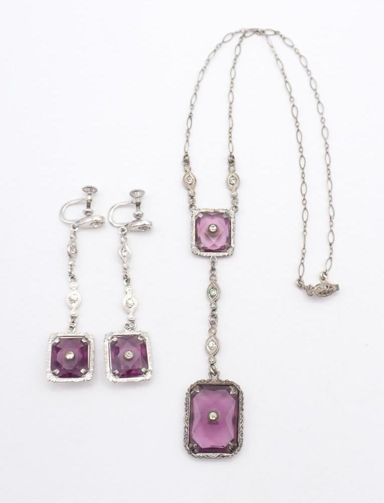 Victorian Jewelry Set: Victorian Sterling Silver, Purple and White Stone Necklace and Earring Set, 13.26 grams total weight