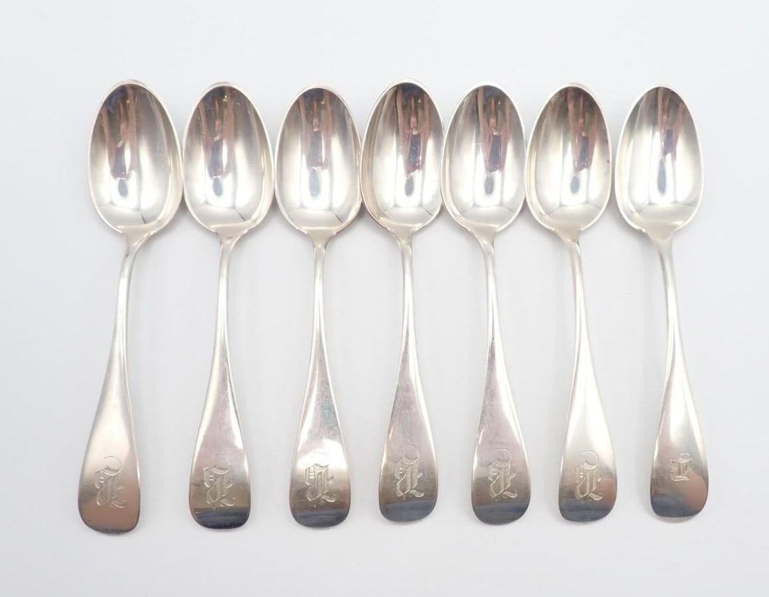 Set of (7) Durgin Sterling Silver Teaspoons: 5.75" in length, monogrammed "B", 175 grams