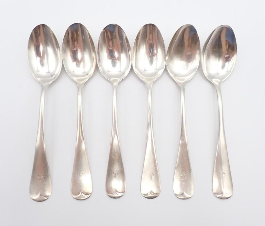 Assembled Set of (6) Sterling Silver Teaspoons: 5.625" in length, Mechanics Silver Co. and an Unknown Maker, monogrammed, 92.9 grams, a couple are damaged