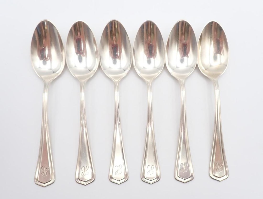 Set of (6) Lunt Silversmiths Sterling Silver Teaspoons: 5.75" in length, monogrammed, 121.4 grams