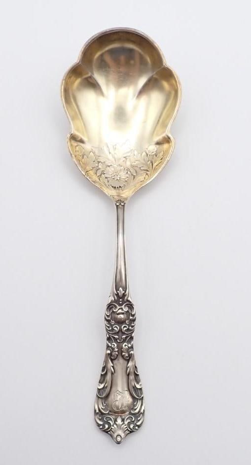 Saart Brothers Sterling Silver Serving Spoon: 7.5" in length, monogrammed, 40 grams
