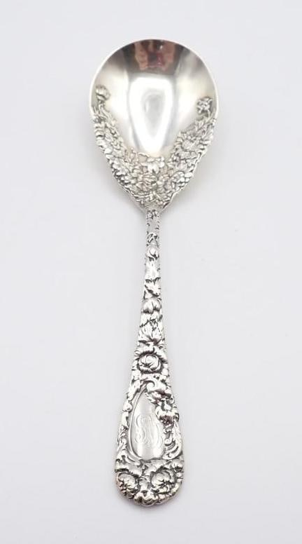 Durgin Sterling Silver Serving Spoon: 6" in length, monogrammed, 45.1 grams