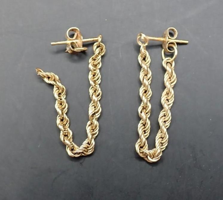 Pair of 14K Yellow Gold Rope Stud Earrings: the loop approx. 1", (1) needs repair, .99 grams