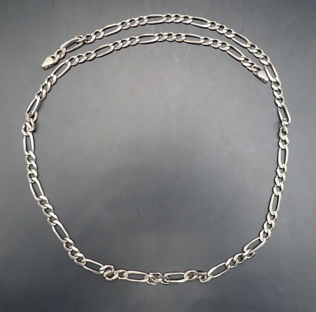 Sterling Silver Necklace: 26" in length, 27.8 grams, lacking the clasp