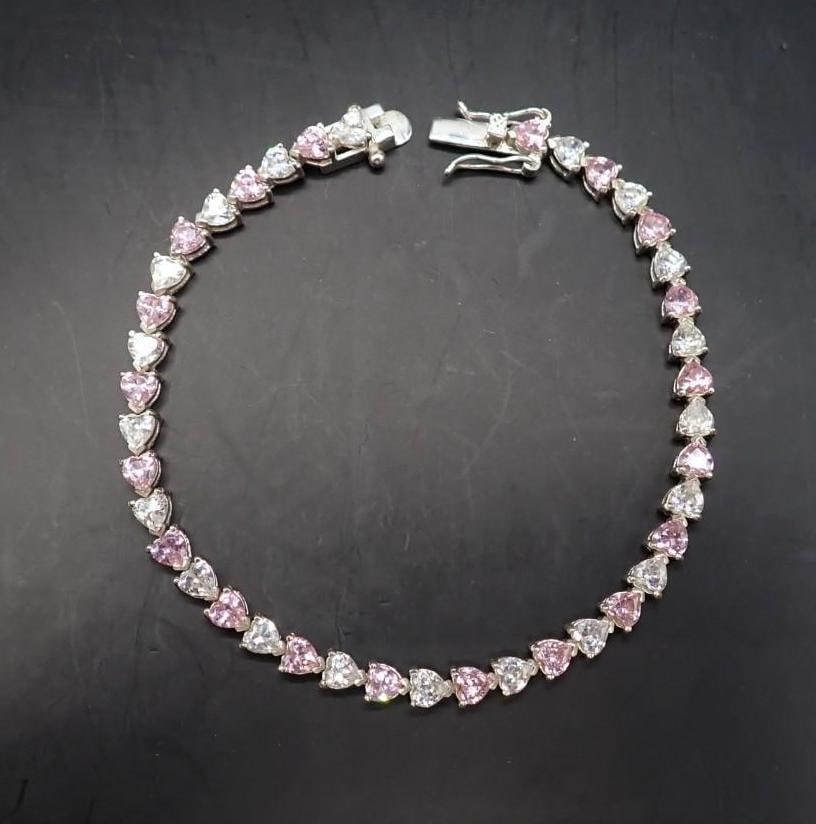 Sterling Silver, Pink & White Stone Bracelet: 8" in length, 12.8 grams total weight