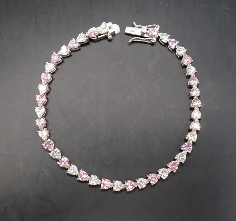 Sterling Silver, Pink & White Stone Bracelet - 2