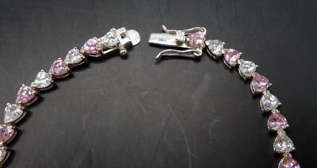 Sterling Silver, Pink & White Stone Bracelet - 3