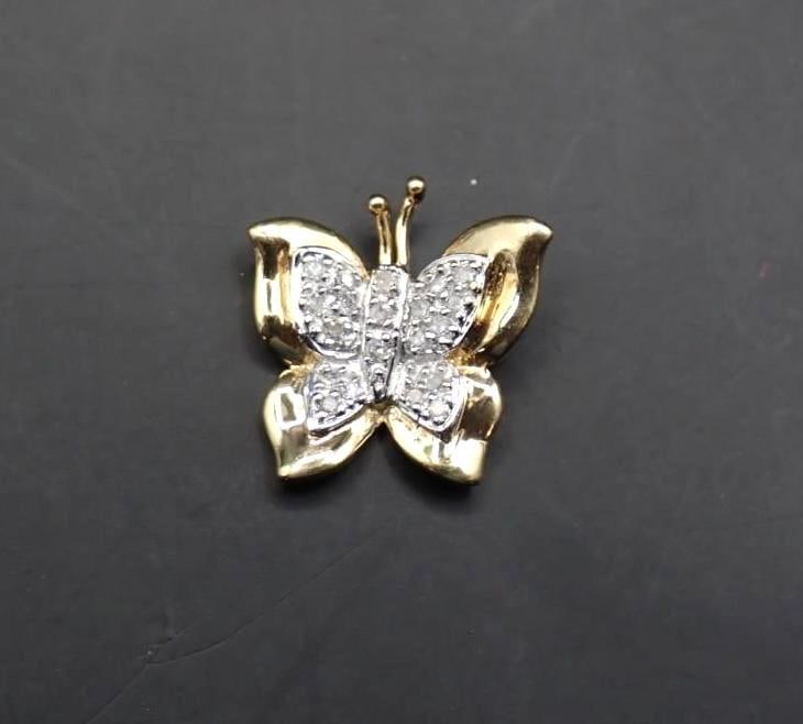 10K Yellow & White Gold and Diamond Butterfly Pendant - 2