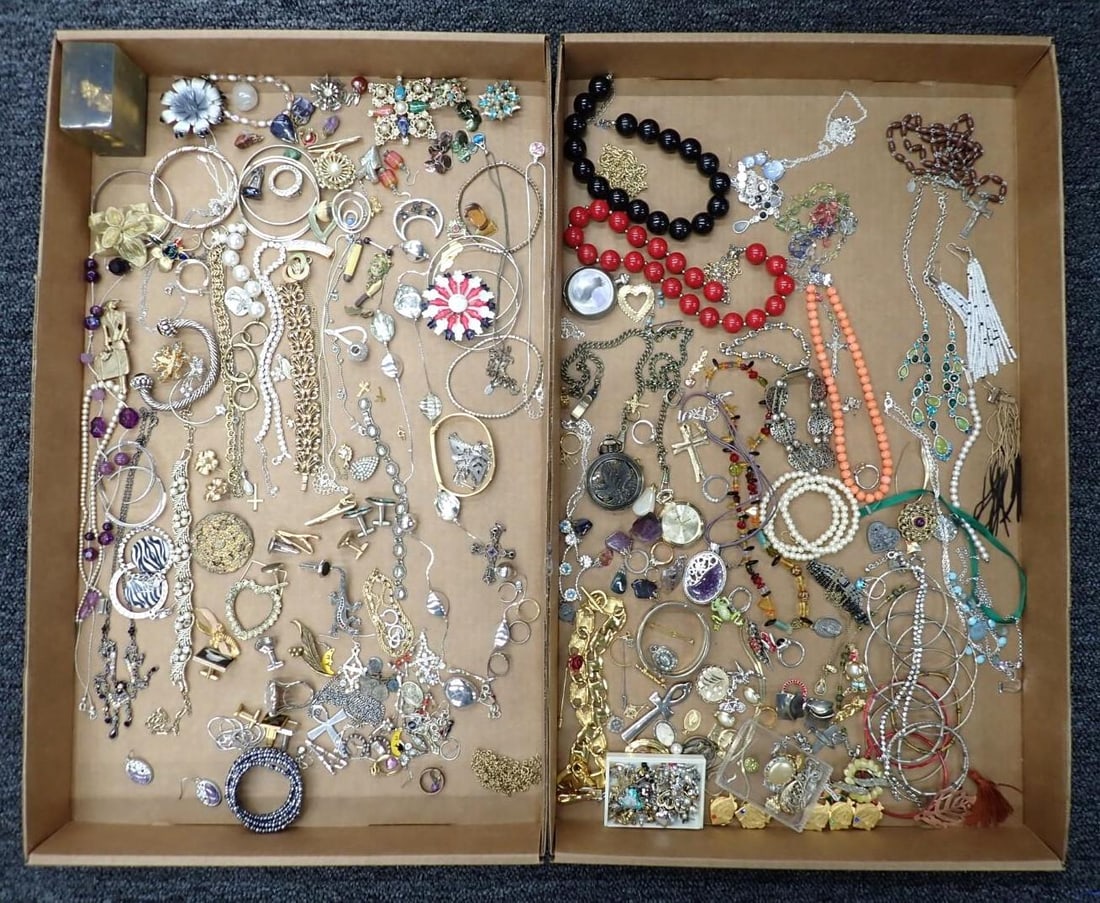 (2) Trays of Costume Jewelry: some sterling silver in the mix