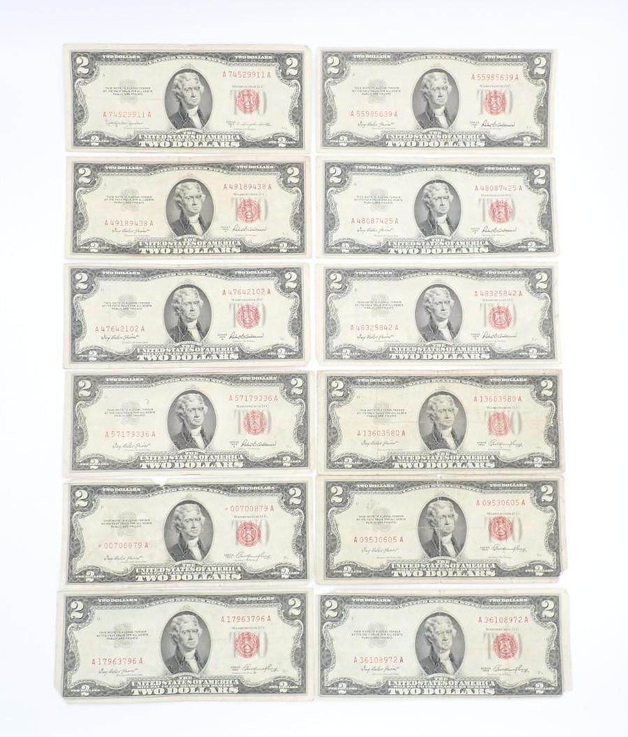 (12) U.S. $2.00 Red Seal United States Notes: 1953 series