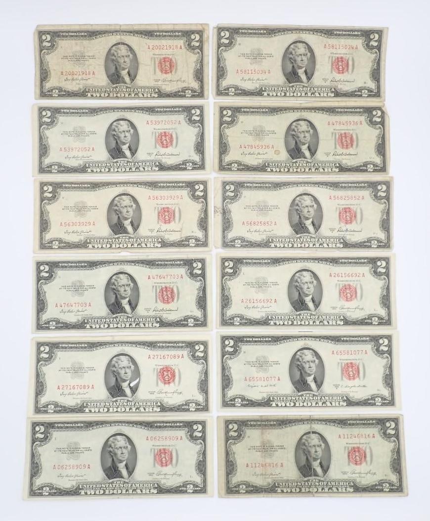 (12) U.S. $2.00 Red Seal United States Notes: 1953 series