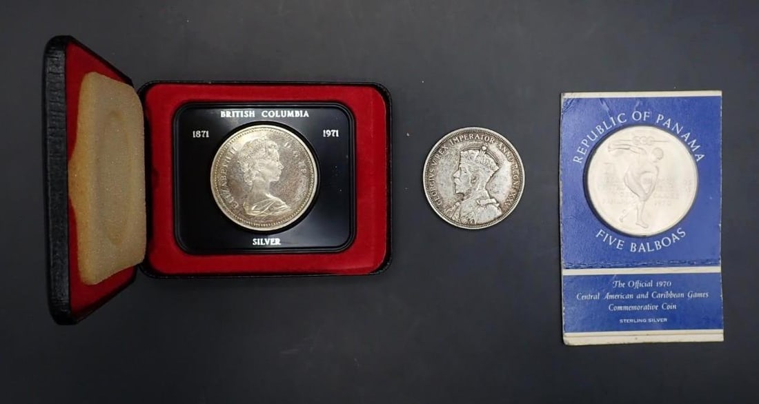 (3) Silver Foreign Coins: 1970 Panama 5 Balboas; 1935 Canada Dollar; 1971 British Columbia Dollar