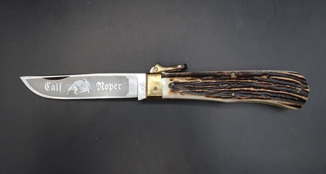 Bull Dog Brand Calf Roper Folding Knife: stag handles; 8.75" overall length; Solingen