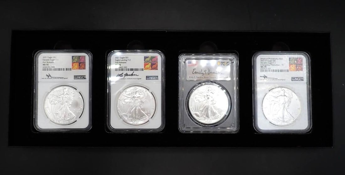 Set of (4) U.S. Silver Eagles: various 2021 varieties; NGC & PCGS MS70