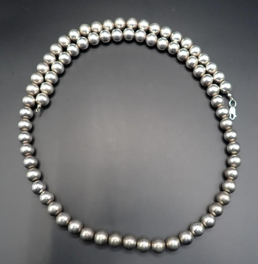 Sterling Silver Bead Necklace: 10.25mm beads; 30" in length; 80.7 grams
